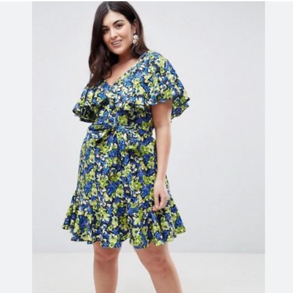 ASOS Blue Green Ruffled One Shoulder Sundress